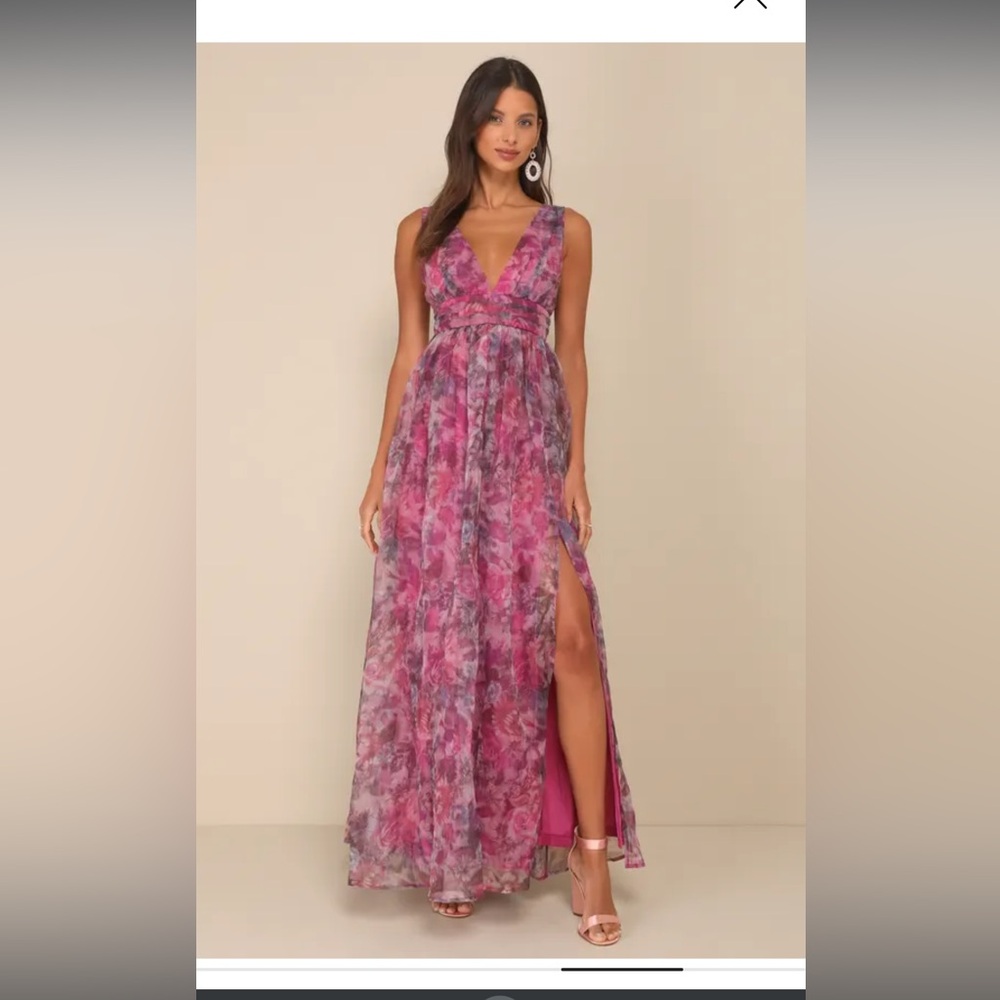 NWT LuLu Garden Romance Magenta Floral Print Organza Maxi Dress